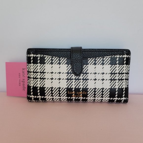 KATE SPADE Hudson Posh Plaid Embossed Pebbled Leather Bifold Wallet-Black MultI⭐ - Picture 3 of 16